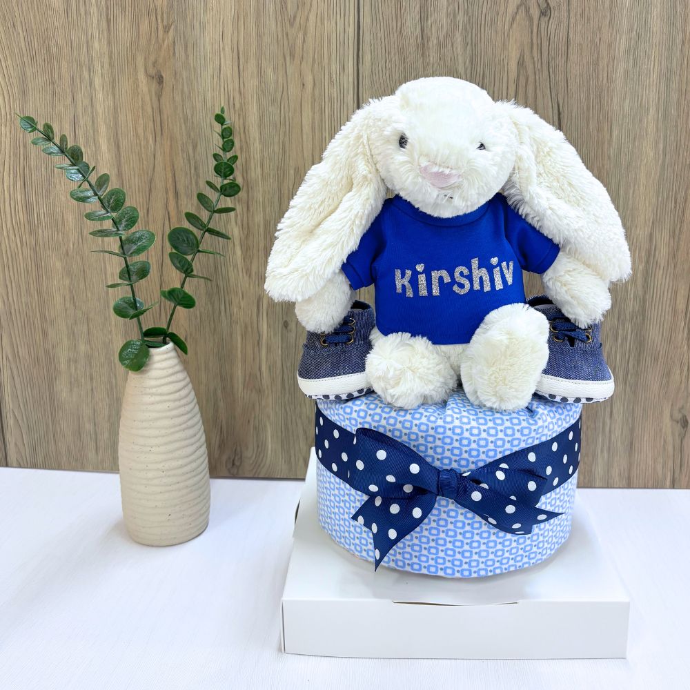 1-Tier Personalized Jellycat Bunny Diaper Cake Boy Baby Hamper