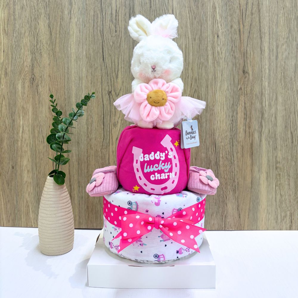 2 Tier Diaper Cake - Lucky Blossom Bunny Baby Girl Gift Hamper