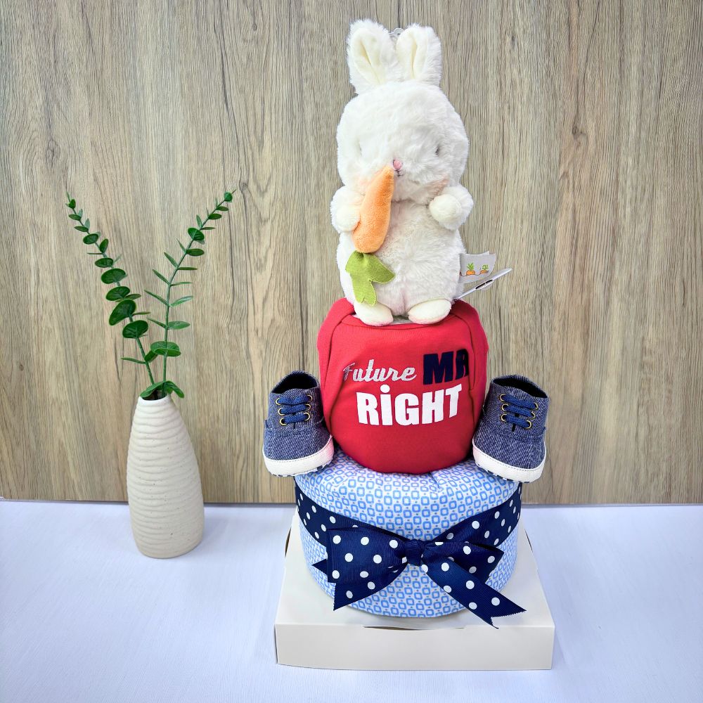 2 Tier Mr Right Bunny Baby Boy Diaper Cake | Perfect Baby Shower Gift SG