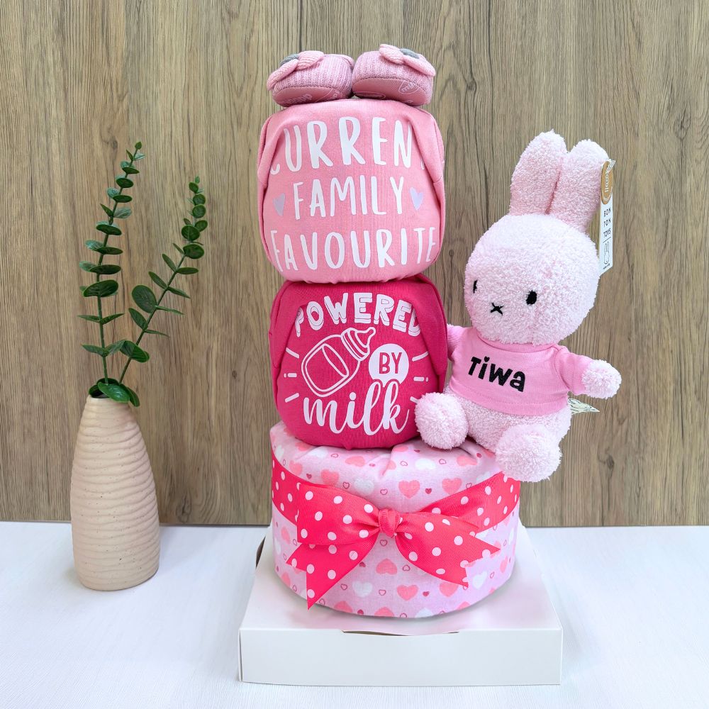 3 Tier Baby Girl Diaper Cake - Personalized Pink Miffy Baby Hamper