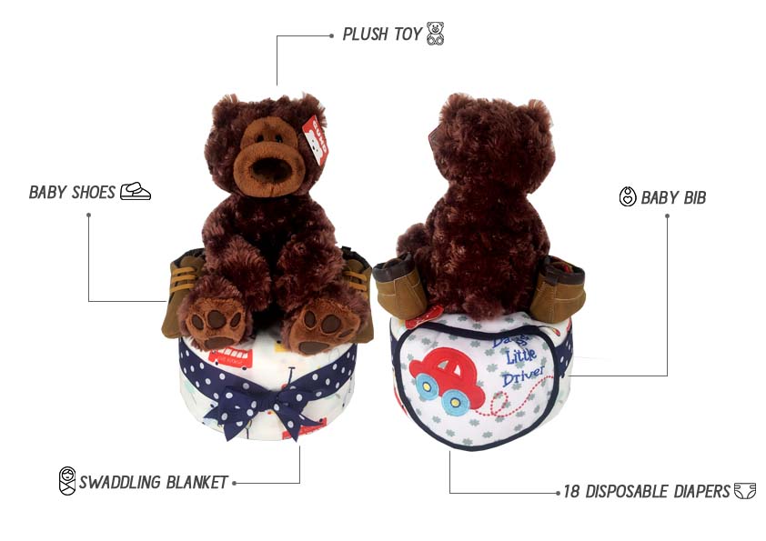 1 Tier Baby Boy Diaper Cake contents