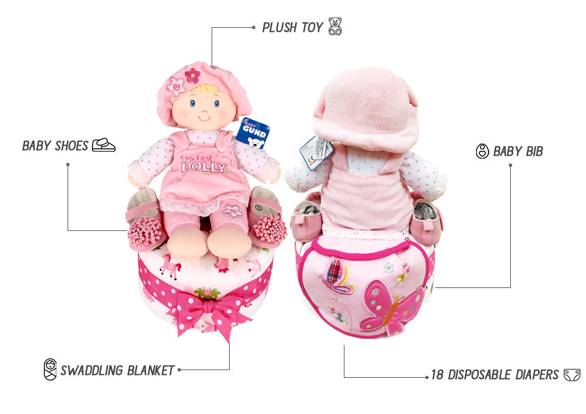 1 Tier Girl Baby Gift Diaper Cake Contents