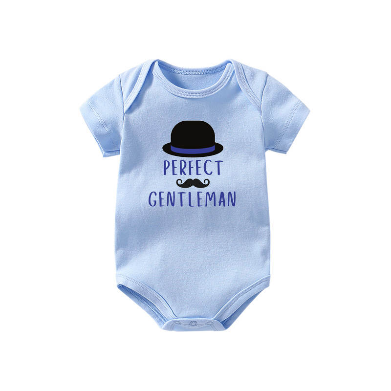Light blue baby onesie with 'Perfect Gentleman' text and top hat graphic printed on it.