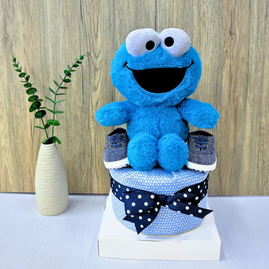 1-Tier Cookie Monster Diaper Cake with Cookie monster plush toy, shoes, swaddle blanket and diapers