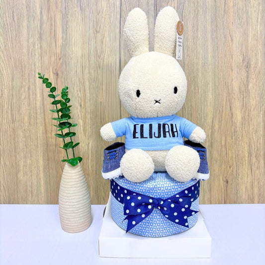 1-Tier Miffy Boy Diaper Cake with custom details and miffy plush topper