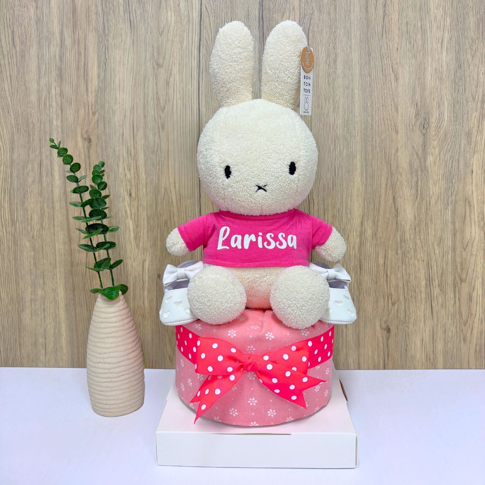1-Tier Pink Miffy Diaper Cake Hamper with personalized baby name and 100% original Miffy plush toy.