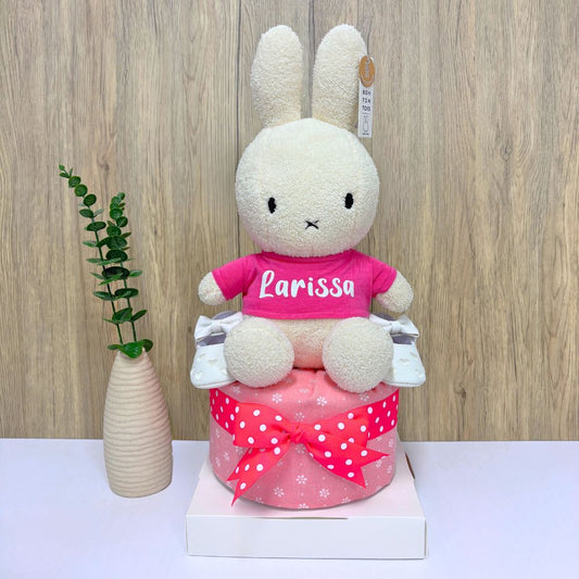 1-Tier Pink Miffy Diaper Cake Hamper with personalized baby name and 100% original Miffy plush toy.