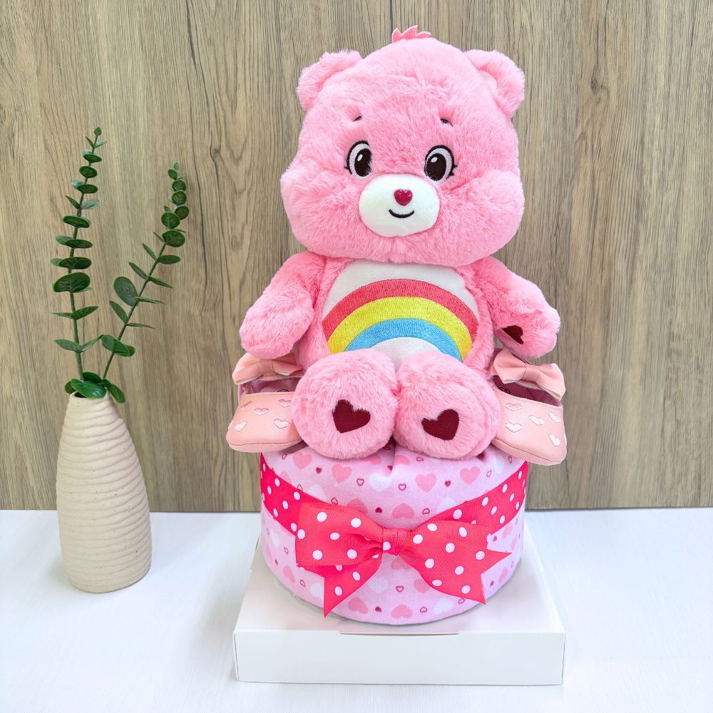 1-Tier Care Bear Diaper Cake Hamper with Cheer care bear plush toy, swaddling blanket, shoes and arranged diapers