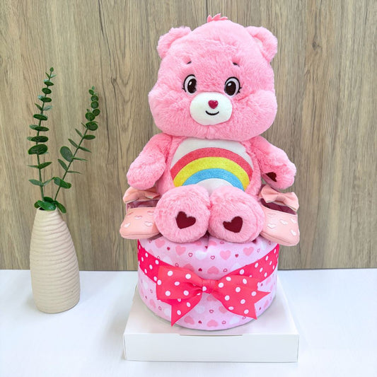 1-Tier Care Bear Diaper Cake Hamper with Cheer care bear plush toy, swaddling blanket, shoes and arranged diapers