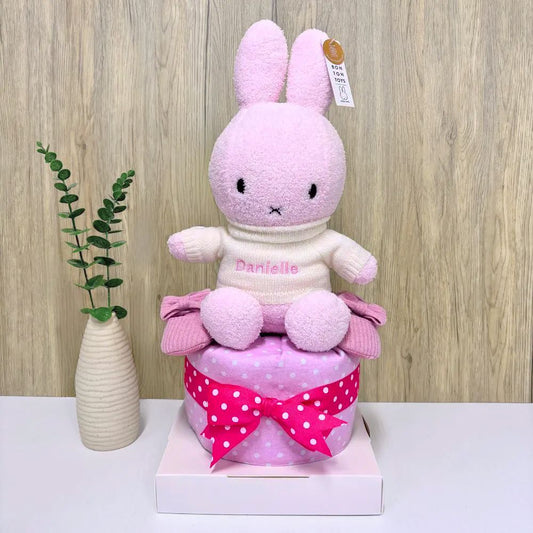 1-Tier Sweet Miffy Baby Hamper diaper cake with Miffy plush and personalized name embroidery detail.
