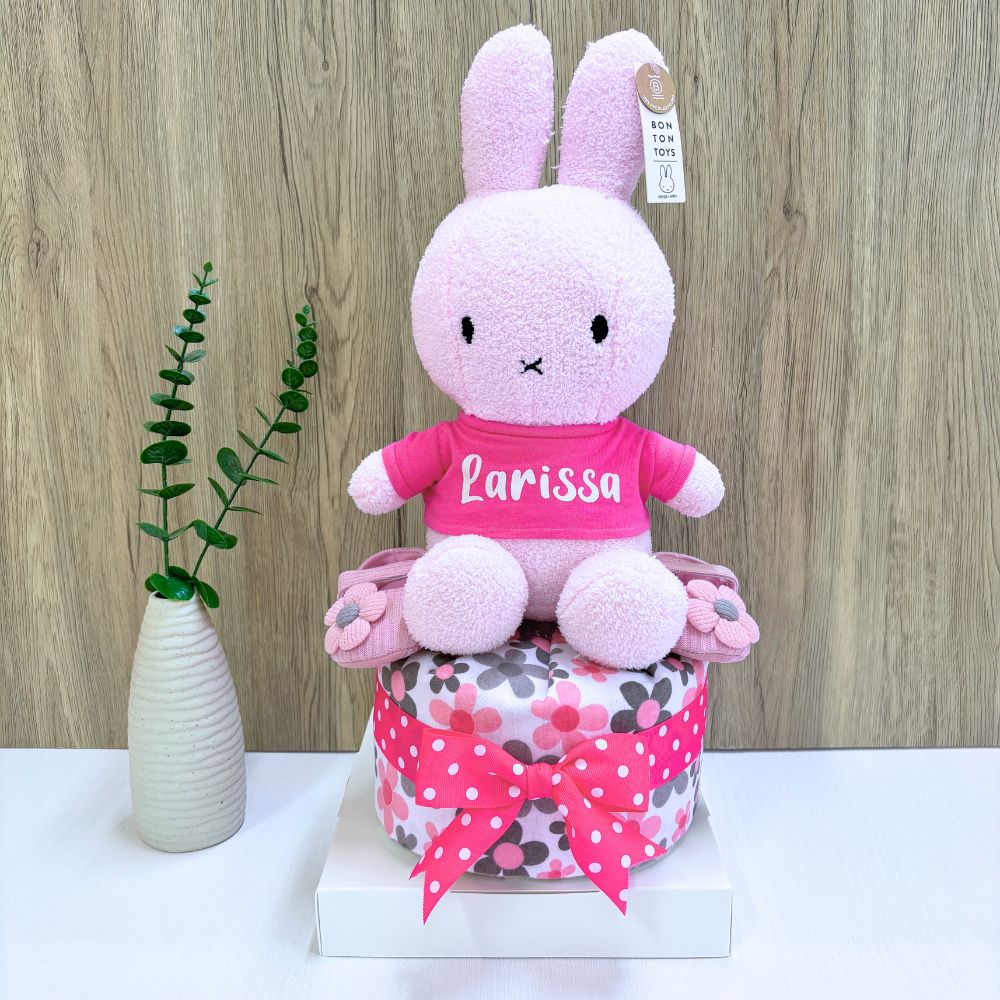 1-Tier Pink Miffy Diaper Cake with customized baby name and Miffy plush topper.