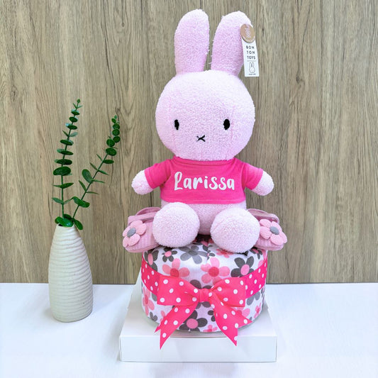 1-Tier Pink Miffy Diaper Cake with customized baby name and Miffy plush topper.