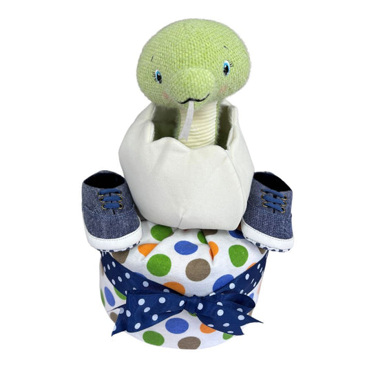 1-Tier Snake Diaper Cake Hamper with plush snake toy, swaddle blanket, shoes, and neatly arranged diapers