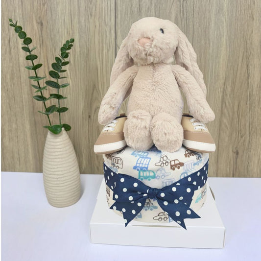 1 Tier Diaper Cake - Beige Jellycat Bunny Boy Baby Gift