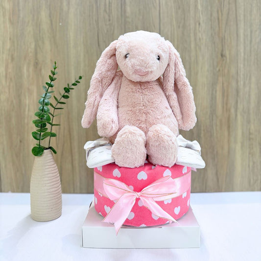 1 Tier Blush Jellycat Bunny Baby Gift Hamper Diaper Cake