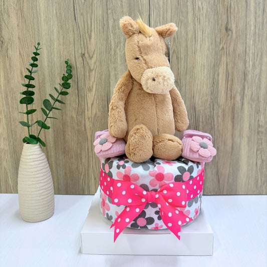 1 Tier Jellycat Bashful Horse Baby Gift Hamper Diaper Cake