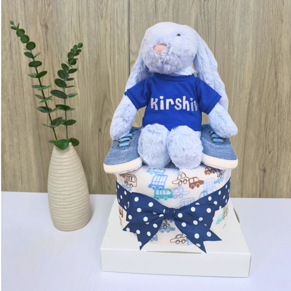 1-Tier Diaper Cake - Personalized Blue Jellycat Bunny Baby Gift Hamper