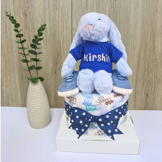 1-Tier Diaper Cake - Personalized Blue Jellycat Bunny Baby Gift Hamper