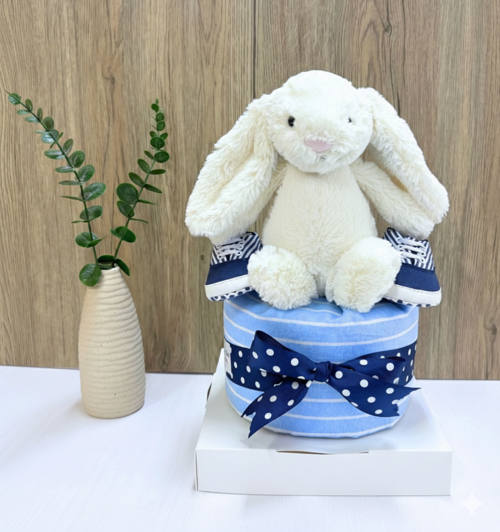 1 Tier Diaper Cake - 100% Original Jellycat Bunny Boy Baby Gift Hamper