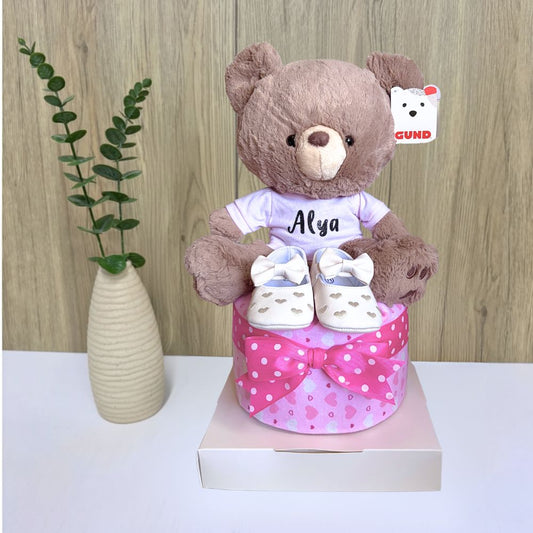 1 tier Personalized Teddy Bear Girl Diaper Cake - Baby Hamper Singapore 🐻✨