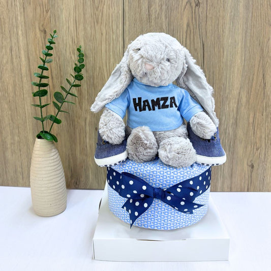 Personalized Jellycat Bunny 1-Tier Diaper Cake Boy Baby Gift Set