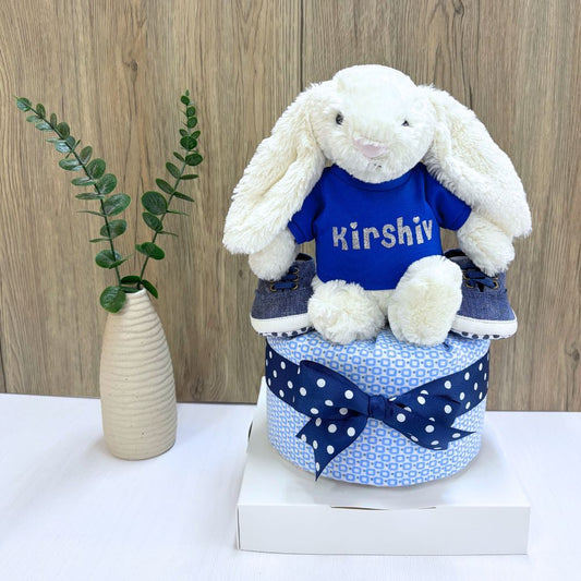 1-Tier Personalized Jellycat Bunny Diaper Cake Boy Baby Hamper
