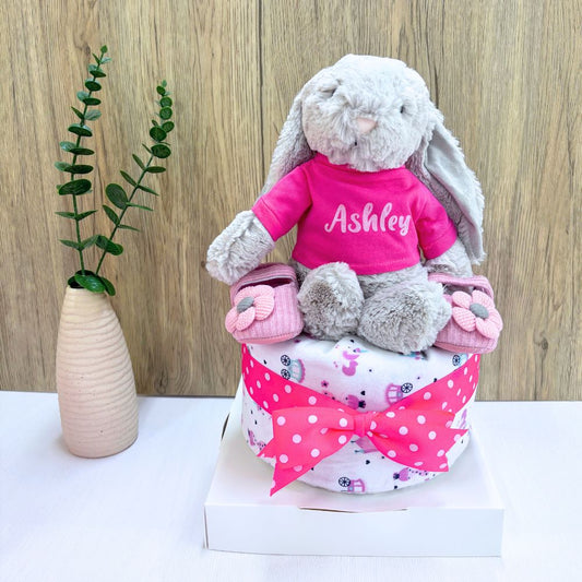 1 Tier Silver Shimmer Jellycat Bunny Personalized Diaper Cake