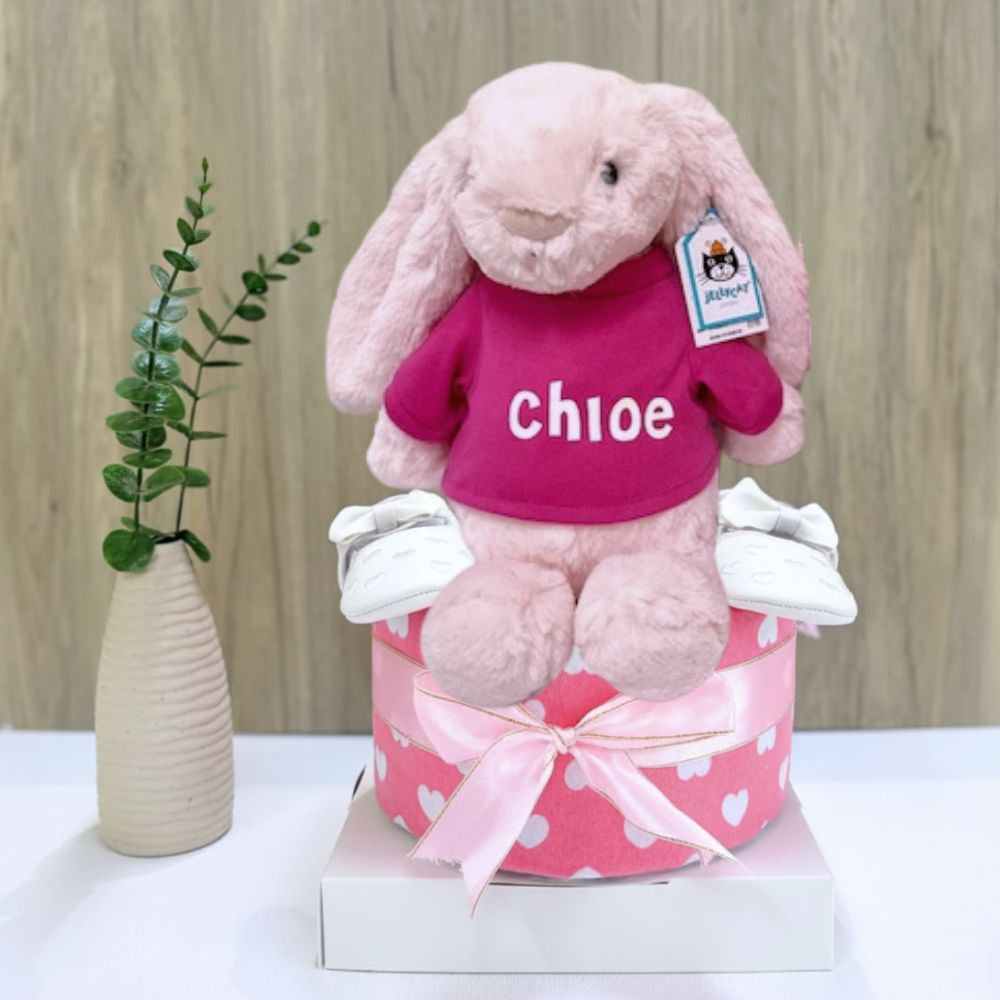1 Tier Personalized Pink Jellycat Bunny Baby Gift Hamper Diaper Cake