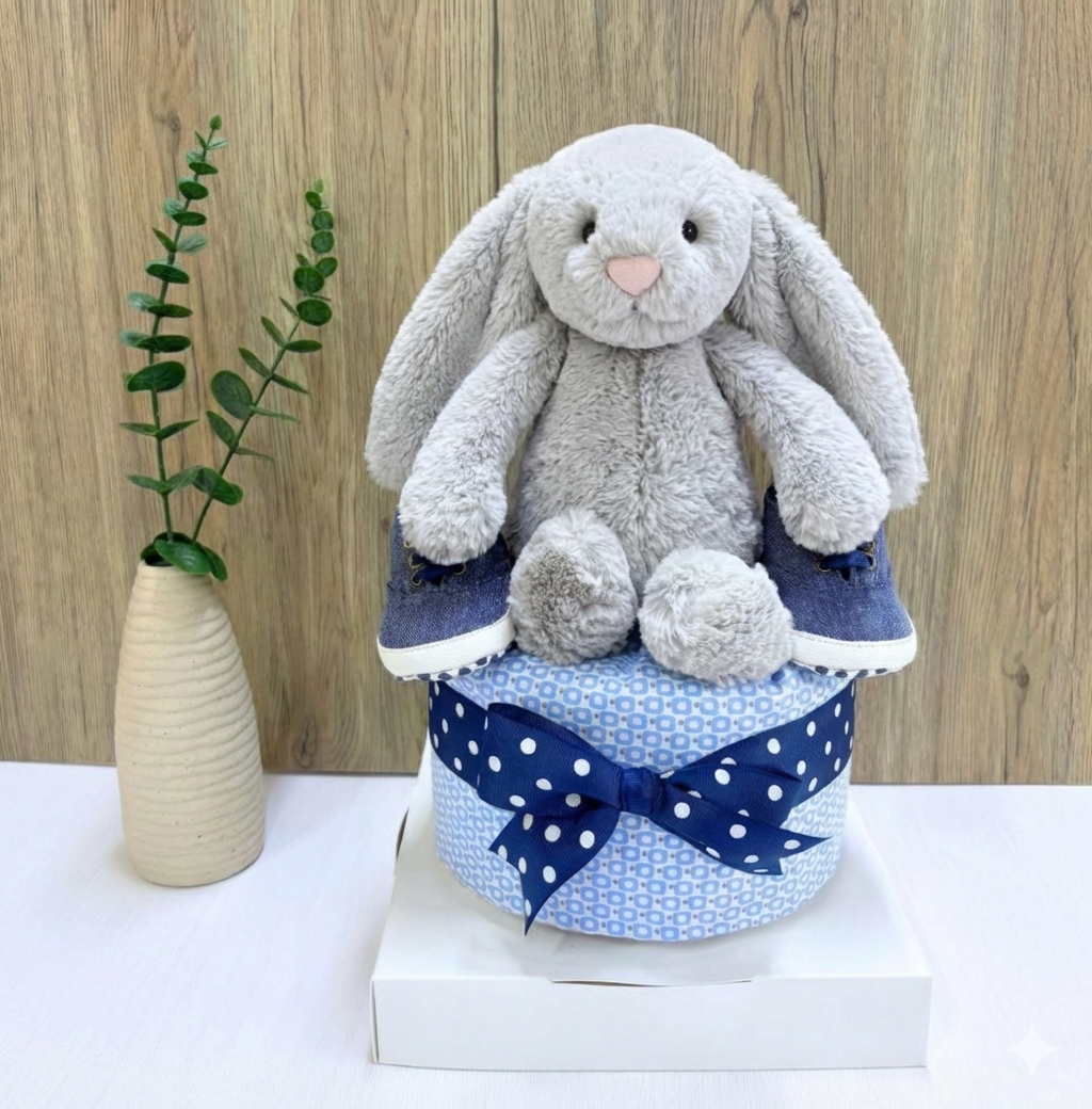 100% Authentic Jellycat Bunny 1-Tier Diaper Cake Boy Baby Gift Hamper