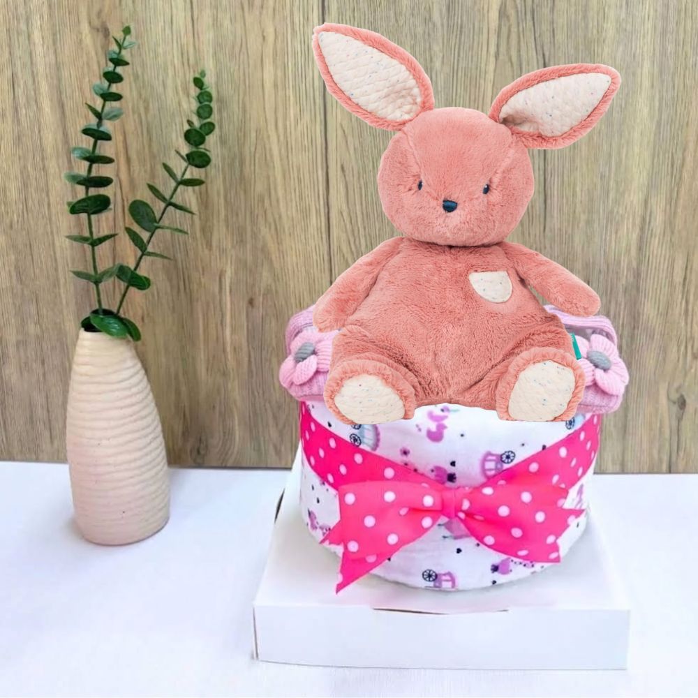 1 Tier Snuggly Bunny Diaper Cake for Baby Girl - Baby Hamper Singapore 🐰