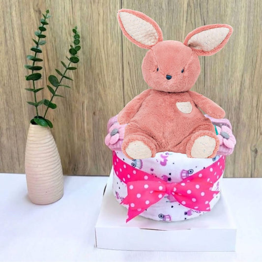 1 Tier Snuggly Bunny Diaper Cake for Baby Girl - Baby Hamper Singapore 🐰