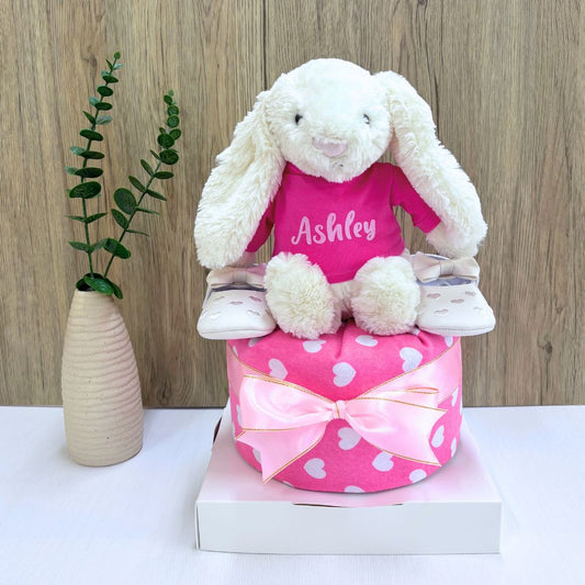 1 Tier Cream Jellycat Bunny Baby Gift Hamper Diaper Cake
