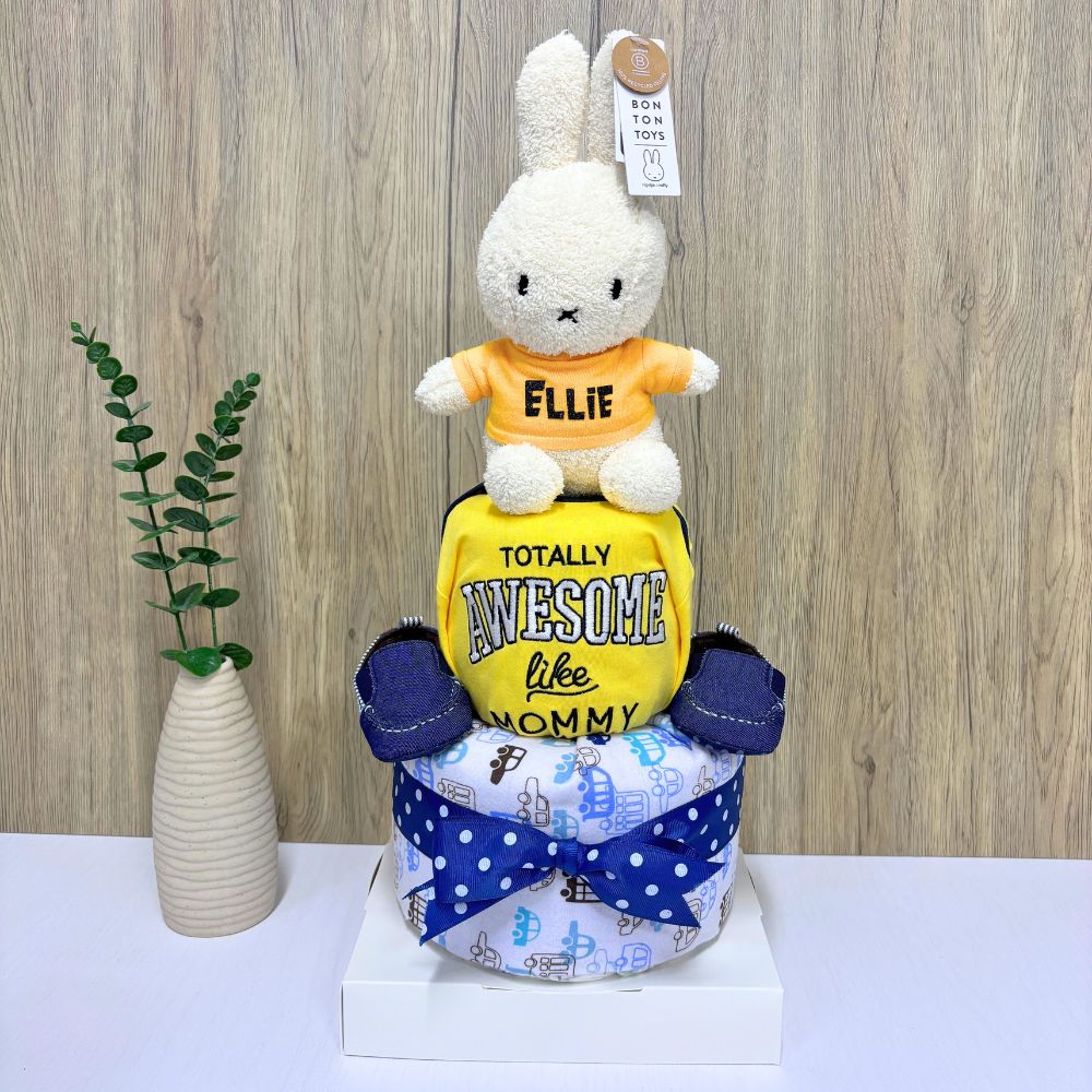 2-Tier Awesome Miffy Diaper Cake with plush topper and diaper tiers.