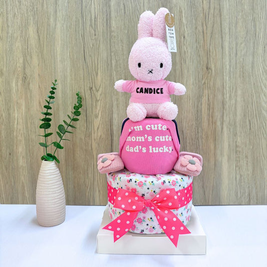 2 tier pink color themed diaper cake for baby girl with Personalized name miffy plush topper