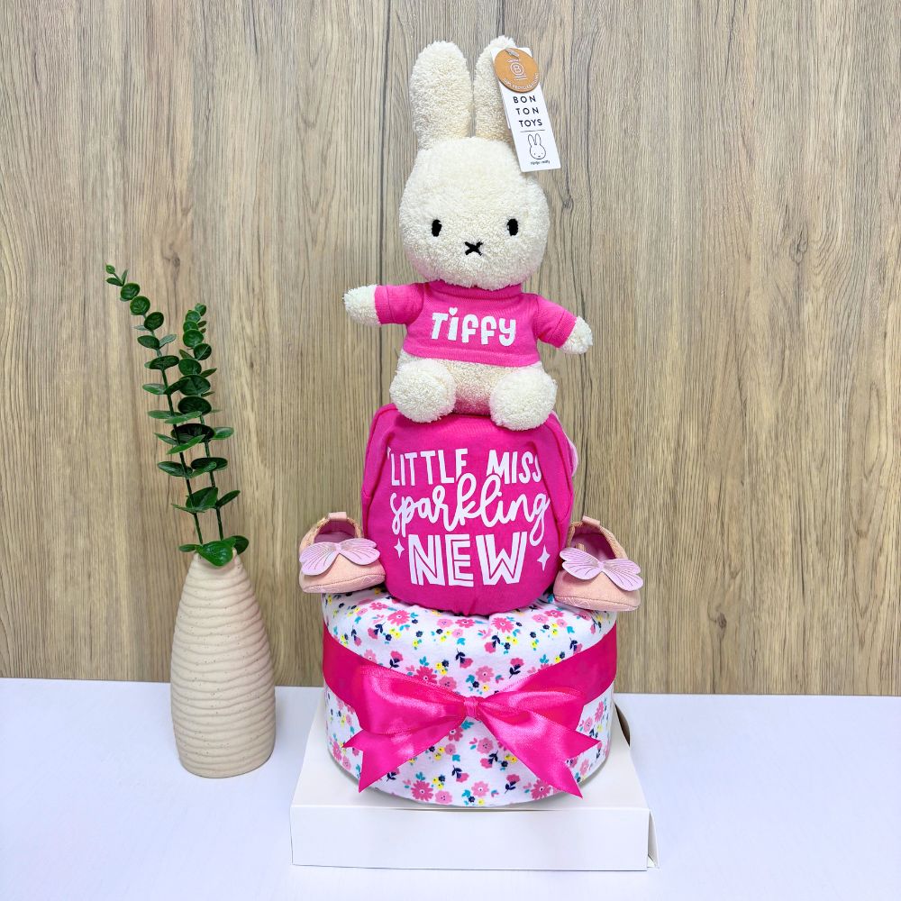Pink and Cream color baby hamper with Personalized name miffy and baby clothing.