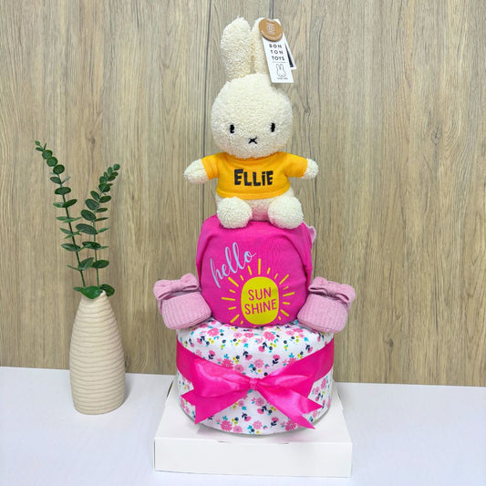 2-Tier Awesome Miffy Diaper Cake baby hamper with Miffy plush topper and tiered diapers.