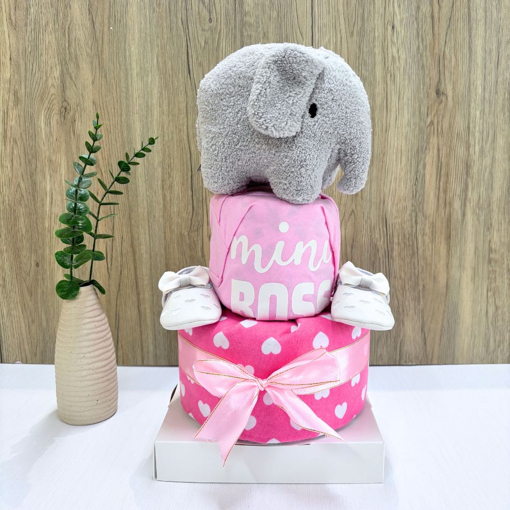 2 Tier Miffy Elephant Diaper Cake Baby Gift Hamper decorated with soft toy, diapers, and ribbons – ideal newborn baby gift in Singapore.