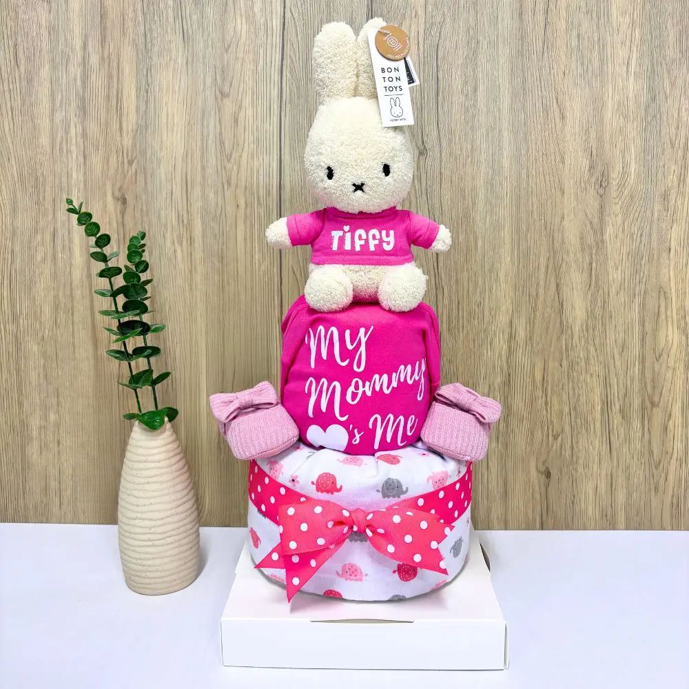 2-Tier Miffy Diapercake baby hamper with Miffy plush topper and diaper tiers