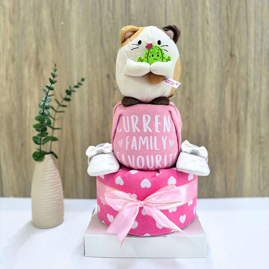 2 Tier Neko Cat Diaper Cake Baby Hamper with premium diapers, ribbons, and plush toy – perfect newborn baby gift in Singapore.
