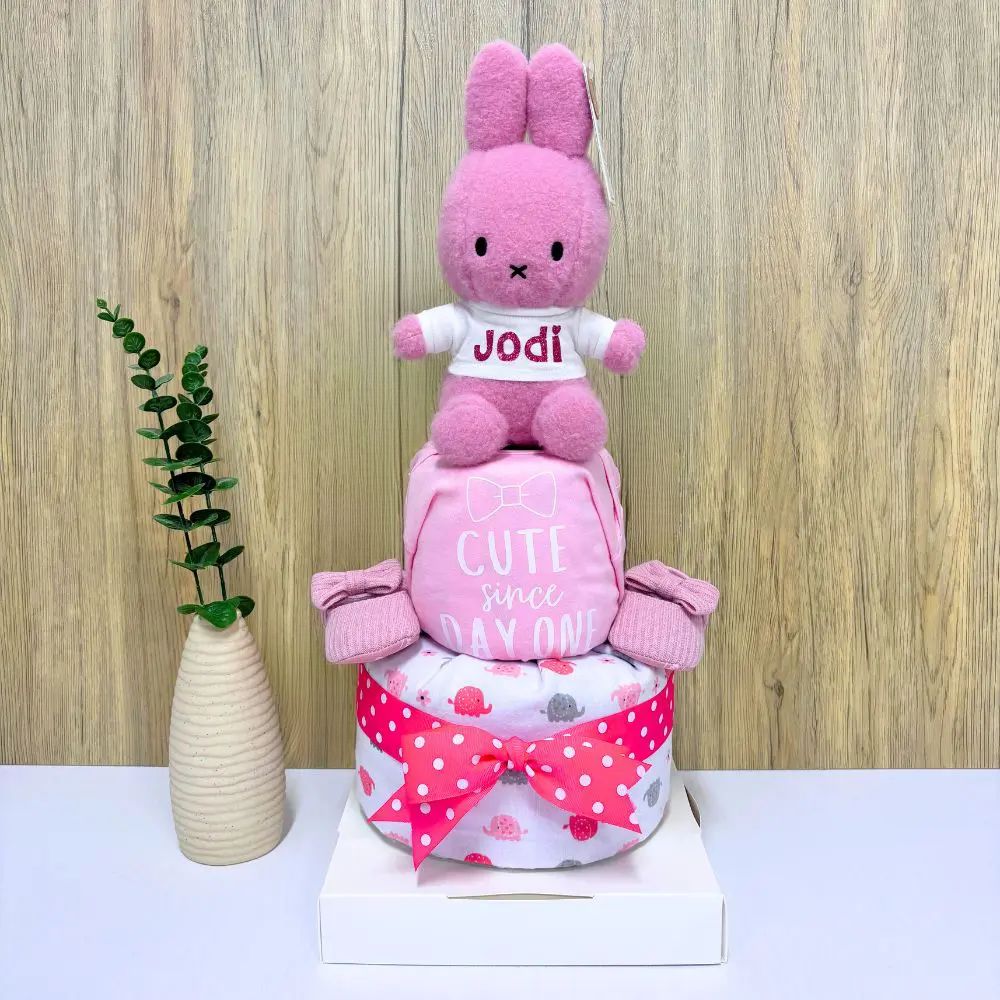 2-Tier Cute Miffy Diaper Cake with personalized name and plush toy