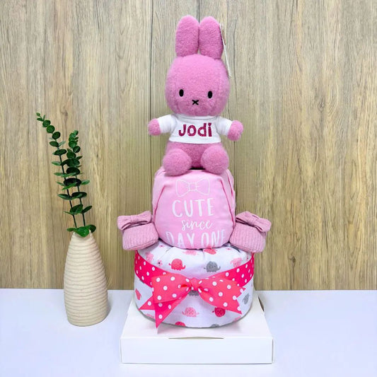 2-Tier Cute Miffy Diaper Cake with personalized name and plush toy