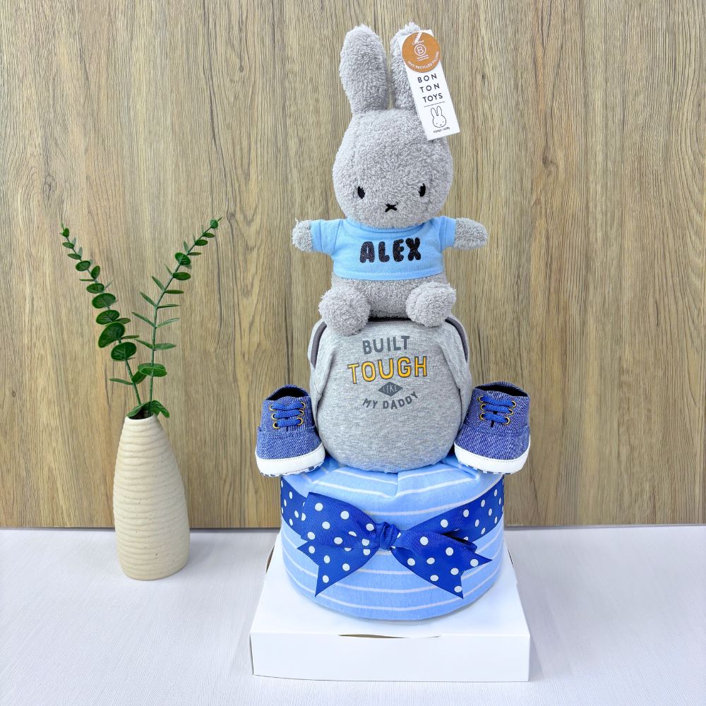 2-Tier Grey Miffy Diaper Cake with personalization Miffy plush topper.