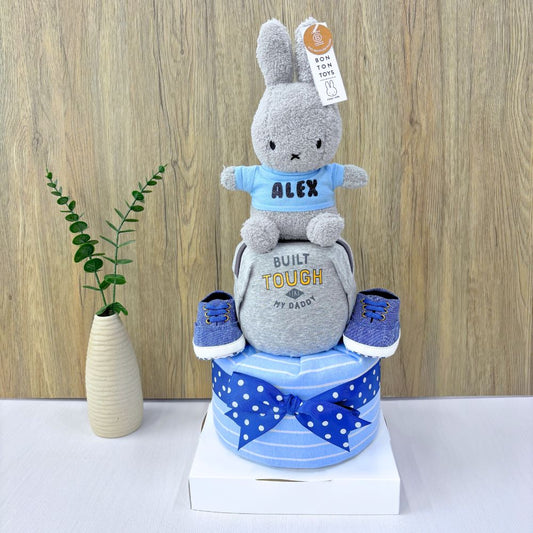 2-Tier Grey Miffy Diaper Cake with personalization Miffy plush topper.