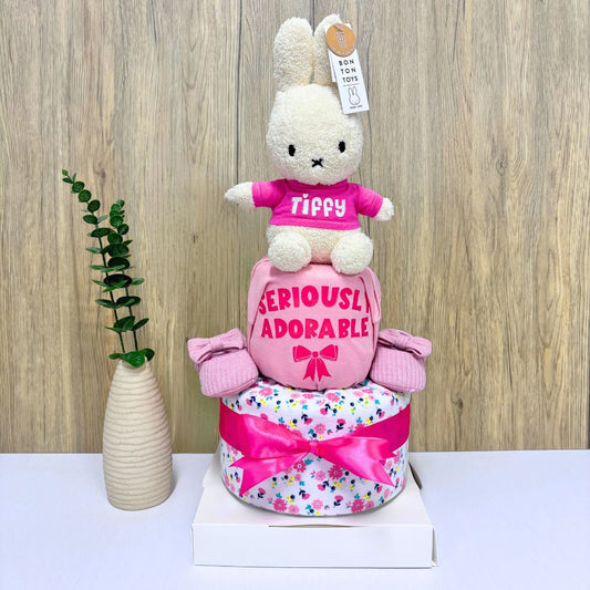 2 tier Miffy baby hamper with personalized baby name and baby essentials.