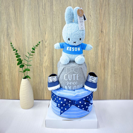 2-Tier Beyond Cute Miffy Diaper Cake with custom name Miffy plush.