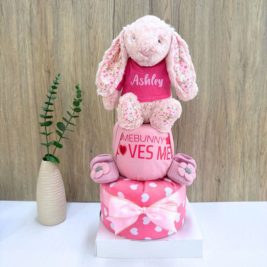 2 tier Personalized Name Jellycat Bunny Baby Girl Diaper Cake Baby Gift