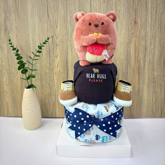 2 Tier NICI Nomo Bear Diaper Cake for Baby Boy | Baby Shower Gift Hamper