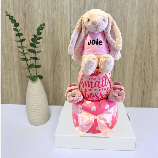 2-Tier Personalized Pink Jellycat Bunny Diaper Cake- Pretty Baby Hamper Singapore