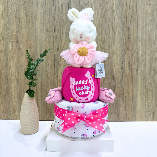 2 Tier Diaper Cake - Lucky Blossom Bunny Baby Girl Gift Hamper