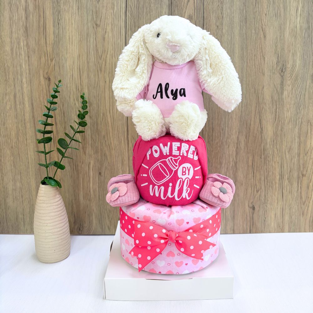 2-Tier Diaper Cake – Personalized Cream Jellycat Bunny Baby Girl Gift Hamper